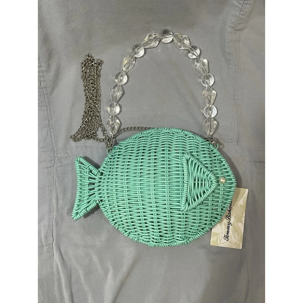 NEW Tommy Bahama Woven Teal Color Wicker Shoulder Bag Purse - Fish Shape